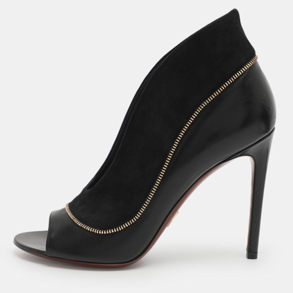 Louis Vuitton Size 38 Black Leather And Suede Zip Detail Open Toe Booties